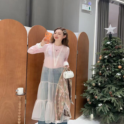 sofia定制26早春新款温柔气质叠穿欧根纱连衣裙长袖透视拼接长裙