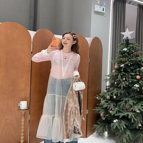 sofia定制26早春新款温柔气质叠穿欧根纱连衣裙长袖透视拼接长裙