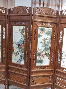 大美苏绣花鸟四折屏双面绣落地屏风波罗格雕花框高205乘240厘米