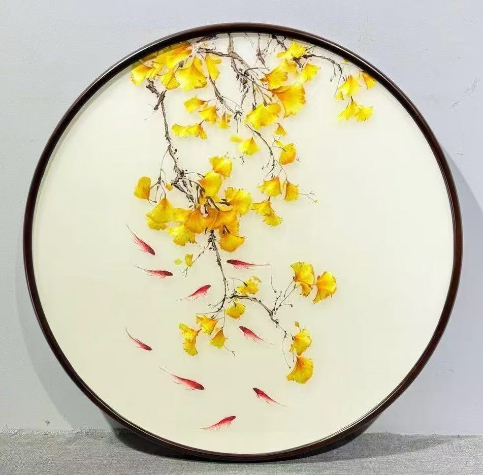 苏绣银杏叶九鱼图成品刺绣挂画圆形实木框中式玄关装饰画健康长寿图片