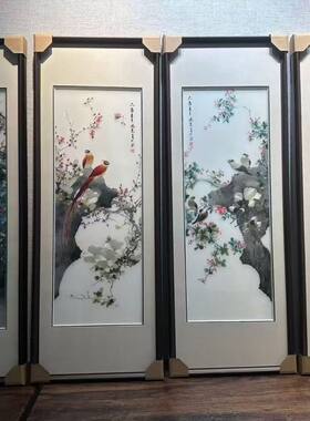 大美苏绣纯手工刺绣精品花鸟图四幅组合条屏实木外框颜伯龙花鸟画