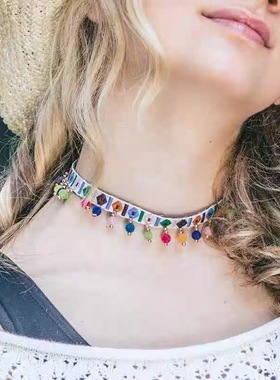 波西米亚额饰项圈女七彩球流苏吊坠锁骨颈链项链云南旅游度假拍照