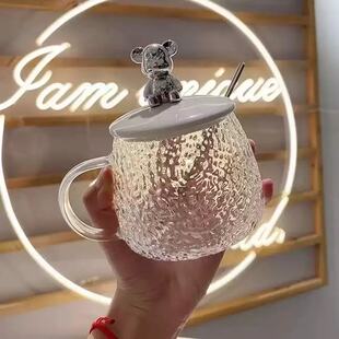 D小熊杯INS高颜值简约玻璃水杯带盖带勺水杯套装创意个性
