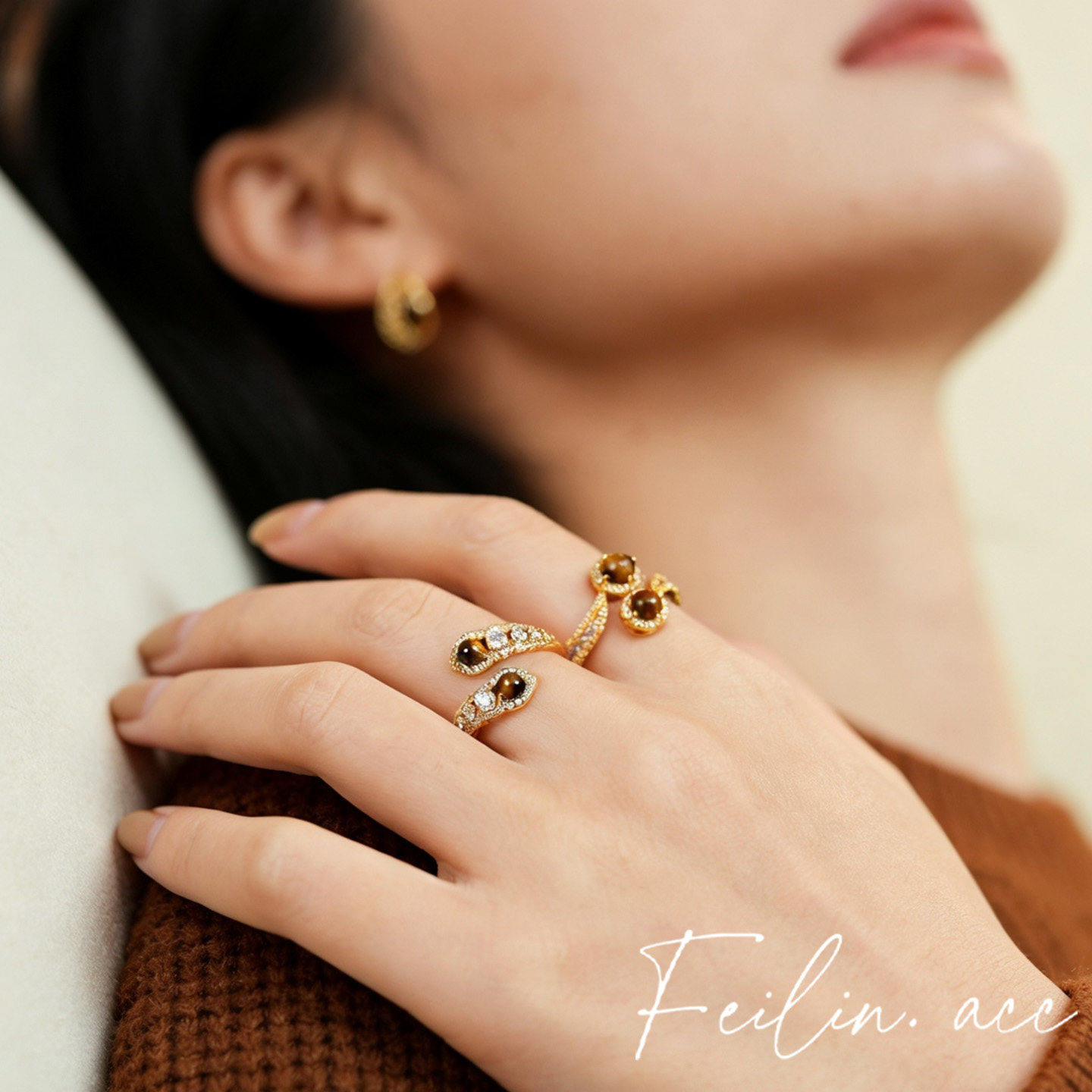 《金珀星环》美拉德虎眼石蛇形锆石开口戒指女2025新款食指戒指环