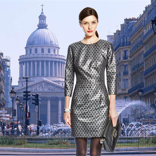 英国马莎marks&spencer 进口秋女宽松直筒几何图案特殊面料连衣裙