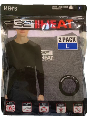 美国32度 Heat 保暖内衣超薄发热男女士恒温白灰色秋衣衫二件包装