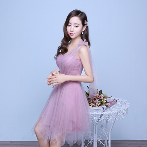 伴娘服短款2018韩式修身显瘦粉色婚礼伴娘礼服姐妹裙 秋冬小礼服