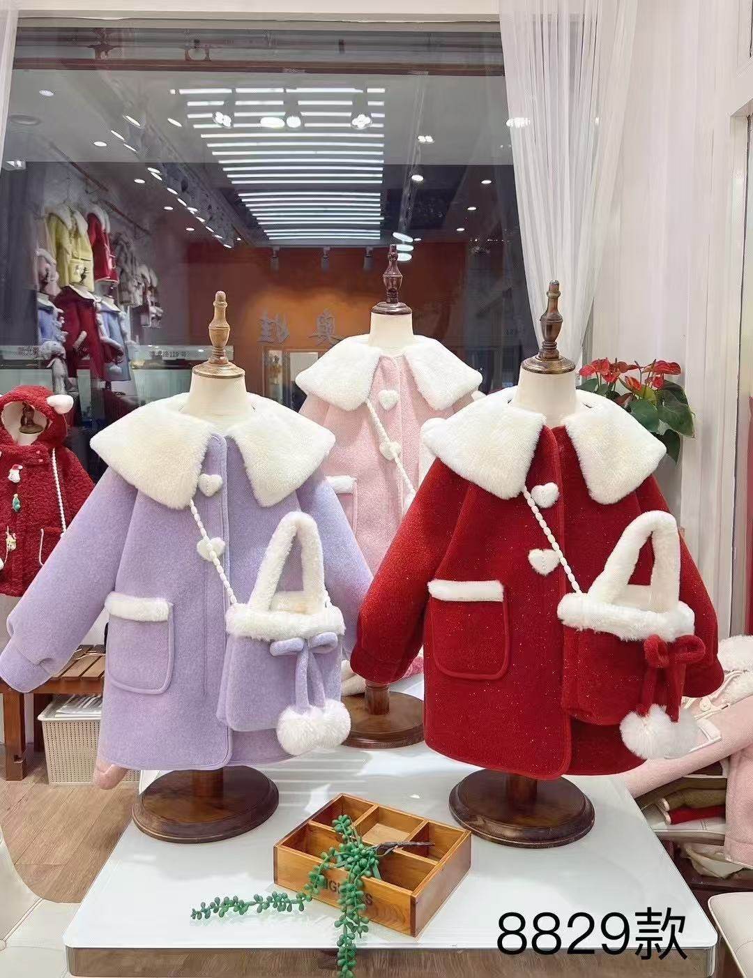 女童毛呢大衣冬季花朵大翻领儿童装羊羔绒保暖中长款加绒呢子外套