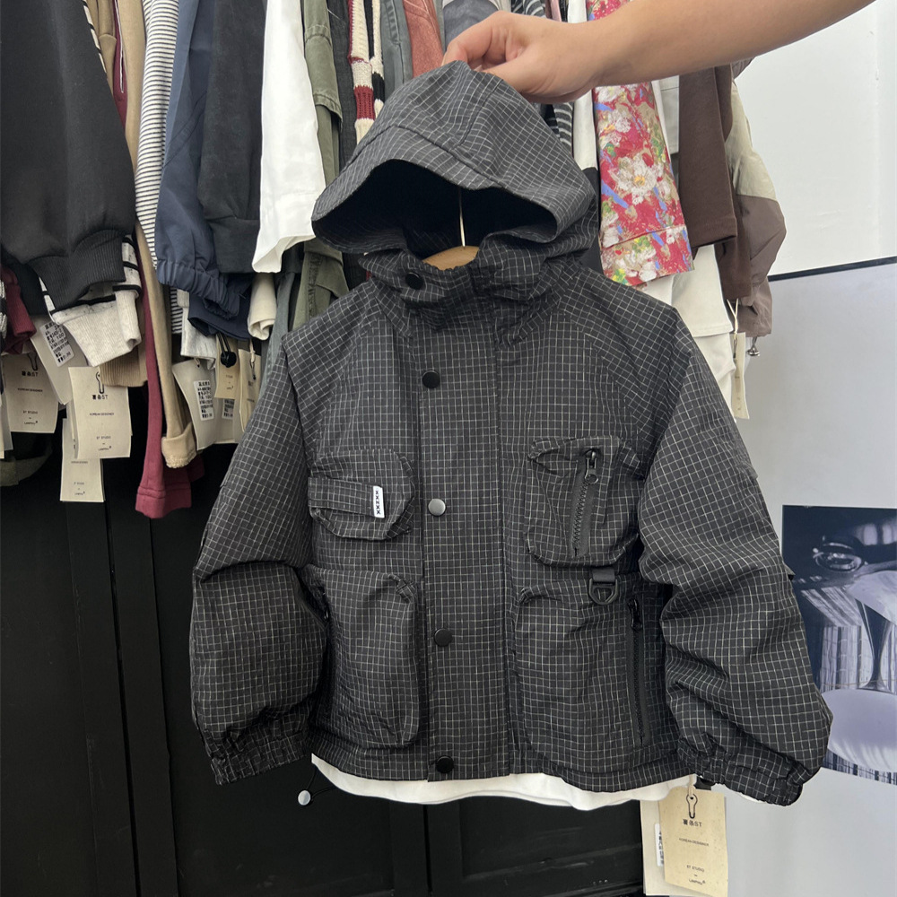 男童冲锋衣工装外套秋儿童连帽山系格子多口袋美式户外防风衣帅气