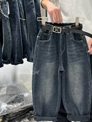 男童加绒牛仔裤秋冬新款儿童美式宽松裤子男孩帅气加厚弯刀直筒裤