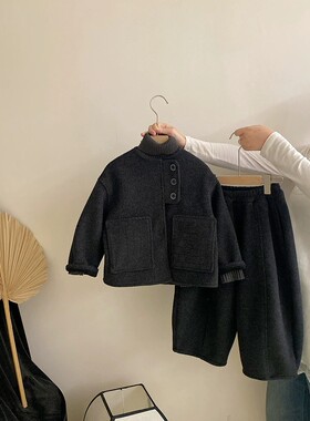 儿童加绒毛呢套装男童女童呢子短款外套哈伦阔腿裤两件套中大童