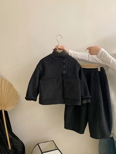 儿童加绒毛呢套装男童女童呢子短款外套哈伦阔腿裤两件套中大童