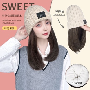 假发女锁骨发针织假发帽子一体秋冬假发时尚网红中长发仿真全头套