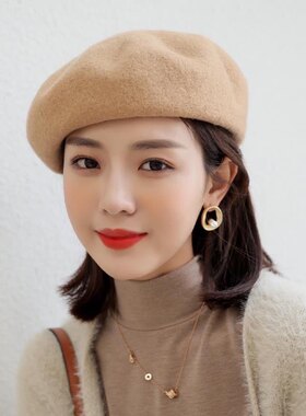 帽子假发一体女齐肩短发网红羊毛呢贝雷帽假发秋冬天百搭短发头套