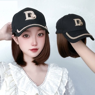 假发女短发帽子假发一体带钻网红同款韩版潮流时尚波波头假发帽