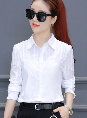 春季长袖白色衬衫衣女土韩版纯棉加绒内搭工装村杉讨忖寸衫衬衣