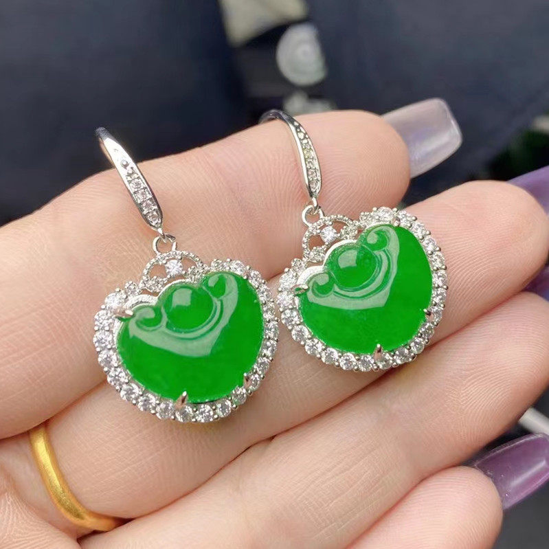 925S镶嵌天然缅甸翡翠如意耳环老坑帝王绿耳坠冰种阳绿满绿耳坠