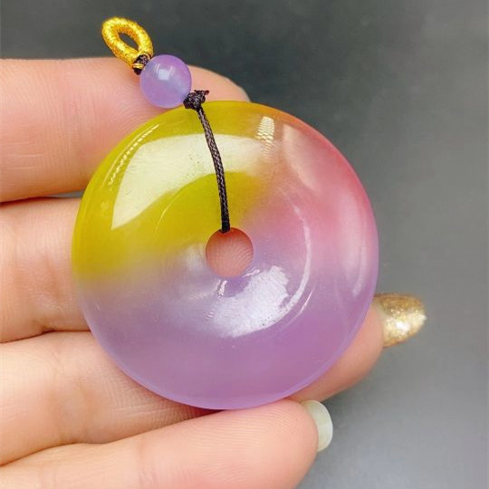 冰种三彩翡翠平安扣吊坠天然玉石女款项链挂件翠玉平安扣挂坠