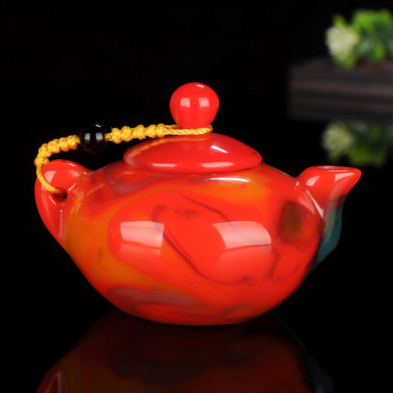 天然新疆和田玉玉茶壶鸡血玉茶具把把壶酒壶酒具彩玉壶手把件