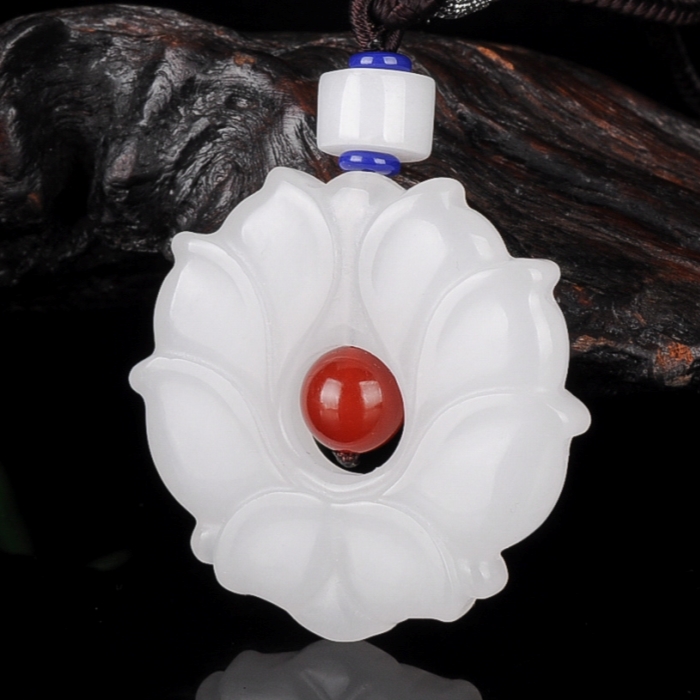 天然和田玉莲花吊坠白玉雪莲花挂件女款玉坠毛衣链花开富贵玉挂件