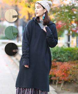 新款titicaca复古民族风森系V领连帽拼接加绒长款长袖纯色连衣裙