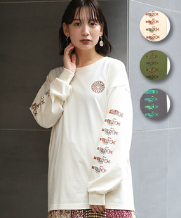 新款titicaca复古民族风森系全棉圆领宽松长袖印花女T恤