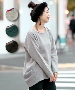 新titicaca民族风针织棉圆领宽松前后不对称加厚女款长袖T恤