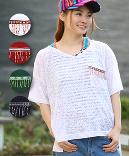 新款titicaca森系镂空花朵V领女装套头衫口袋穿珠女短袖T恤防晒衣