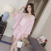 春夏季女装宽松镂空雪纺<span class=H>开衫</span>套装女+打底吊带背心+流苏短裤三件套