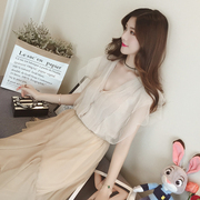 夏季新款纯色网纱拼接V领无袖背心针织衫女短款修身薄毛衣<span class=H>开衫</span>潮