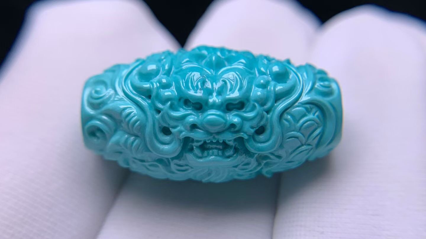 湖北十堰天然原矿高瓷无优化绿松石龙珠桶珠天珠雕刻珠配珠直径12