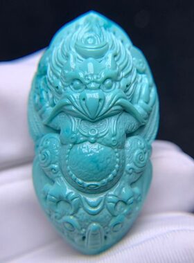 湖北十堰天然原矿高瓷无优化绿松石精品雕刻件大鹏展翅吊坠项坠