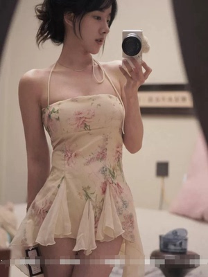 翡冷翠的夏天/手工绣花蕾丝挂脖抹胸裙女短款收腰显瘦连衣裙