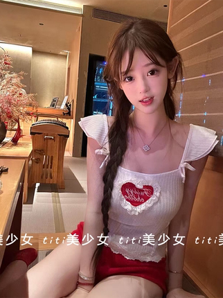 现货？少女爱心纯欲风春夏大U领甜心刺绣小飞袖上衣甜美短袖T恤