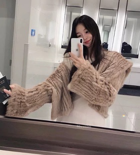 2025秋冬巫师帽长袖 真毛兔毛双面编织皮草外套百搭显瘦设计款
