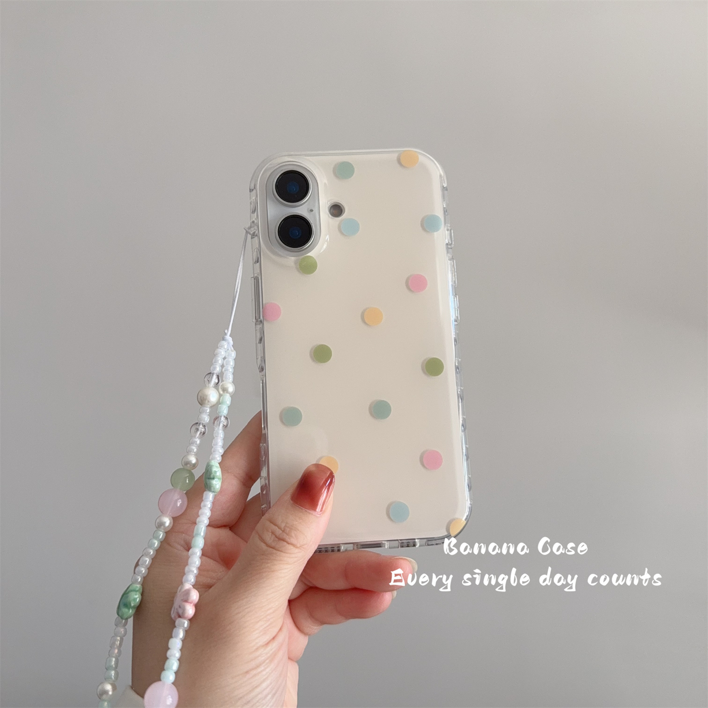 韩国ins小众奶油杏彩色波点硬壳