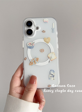 韩国ins小众奶蓝色牛奶面包吐司插画磁吸壳适用16promax苹果15pro手机壳iPhone14磨砂防摔13promax保护套16硬