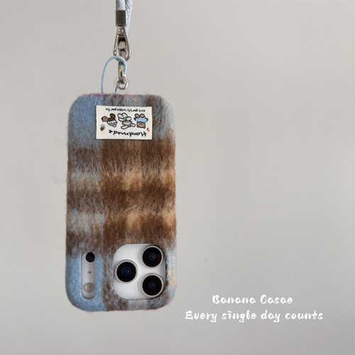 小众秋冬氛围感蓝棕格纹绒布硬壳