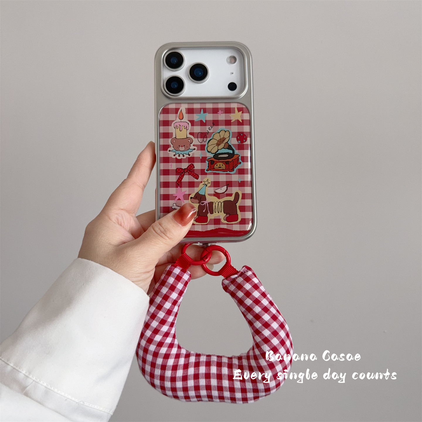 复古红色格纹可爱弹簧狗滴胶硬壳