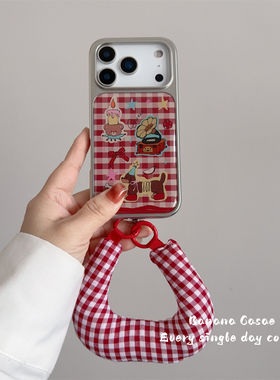 BananaCase新年款复古红色格纹弹簧狗滴胶壳适用iPhone17promax手机壳16pro苹果15pro银色边框13/14pro手绳17