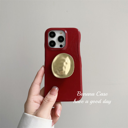 BananaCase高级感复古新年红色适用15promax苹果17pro手机壳iPhone13半包皮质16pro金色元宝支架14保护套硬12