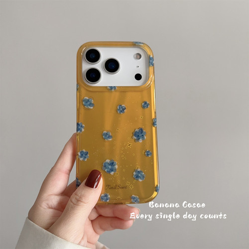 高级感金黄底蓝色花朵防摔手机壳
