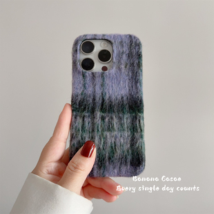 BananaCase秋冬ins小众紫绿撞色格纹绒布硬壳适用16promax苹果17pro手机壳iPhone16复古15promax防摔13 14pro