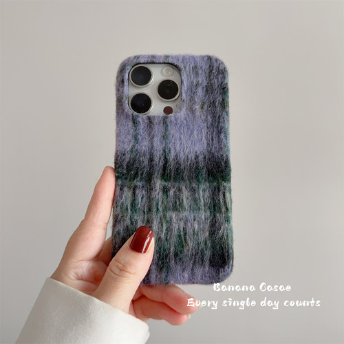 秋冬复古紫绿撞色格纹绒布手机壳