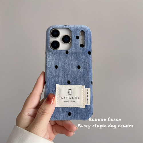 秋冬ins蓝色绒布黑波点17手机壳