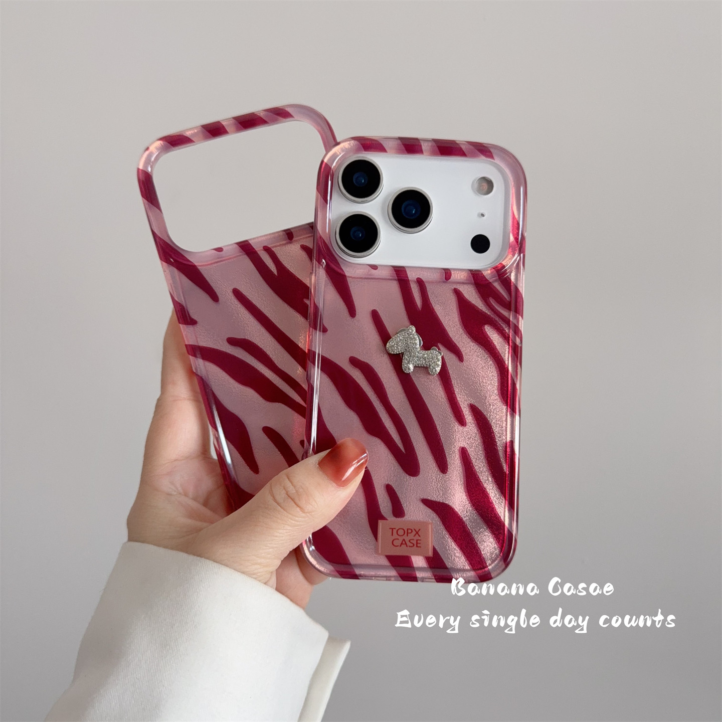 BananaCase韩国ins高级粉色斑马纹立体闪钻小马适用17promax苹果16pro手机壳iPhone15硬壳13/14pro新款保护套