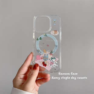 韩国ins小众可爱野餐斑点狗狗磁吸壳适用iphone15苹果16promax手机壳14pro透明细闪13promax防摔16保护套13女