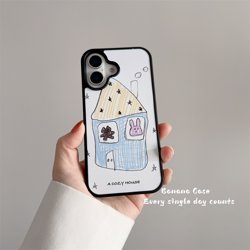 韩国ins小众趣味黑框涂鸦屋子兔子小熊适用iphone16promax苹果15pro手机壳13/14pro全包15promax可爱保护套16