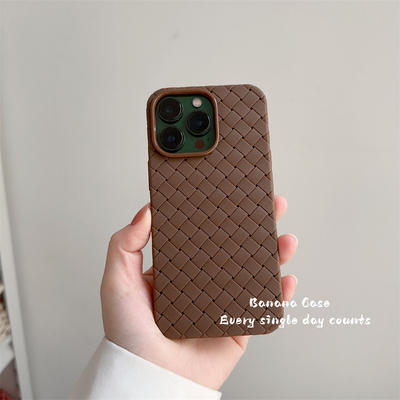 秋冬高级棕色立体编织纹手机壳