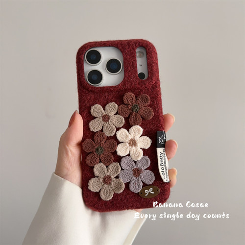 秋冬ins复古立体小花酒红绒布壳